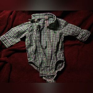 Little Me Green and Blue Plaid Bodysuit With Embroidered Dinosaur Dino 9m